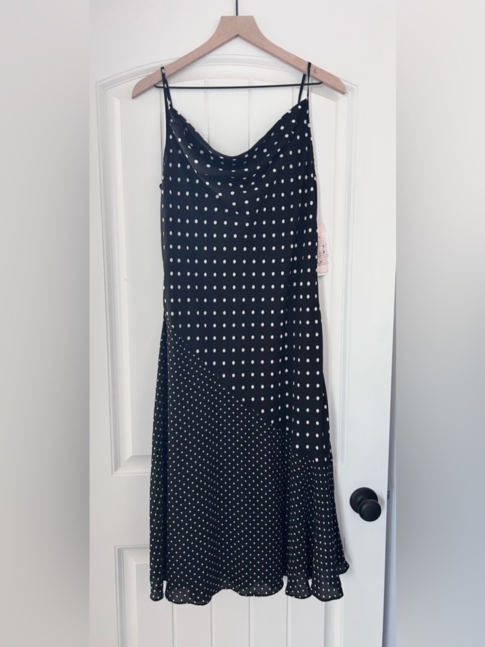 NWT Polka Dot Black Midi Dress with Cowl Neckline